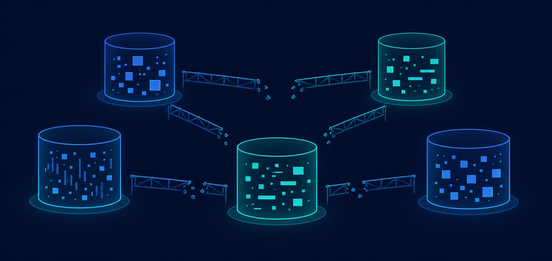 Isolierte Datensilos eines veralteten ERP-Systems als fragmentierte, unverbundene Datenspeicher