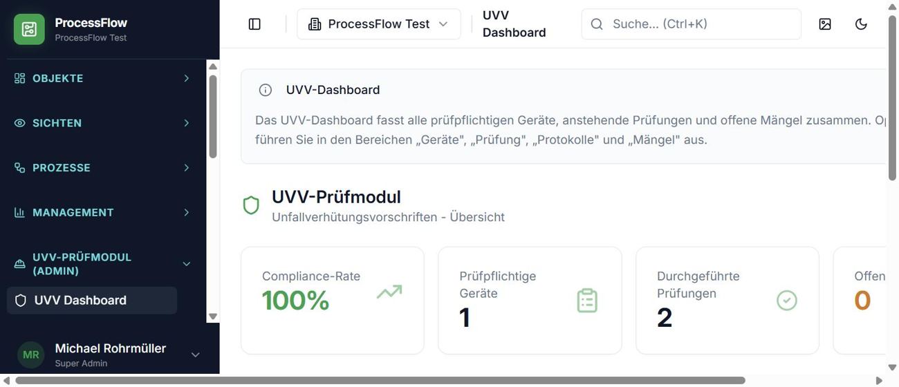 ProcessFlow statutory inspection module: dashboard with compliance rate, equipment subject to inspection, and completed inspections