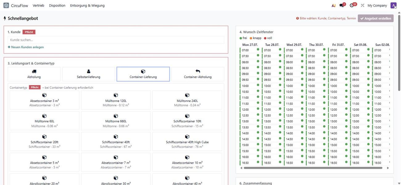 Circuflow Quick Quote – Container Type and Time Slot in Seconds