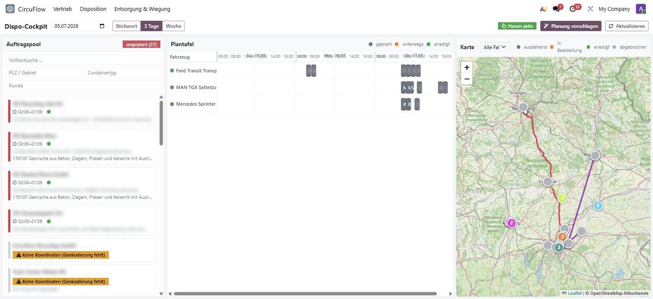 Circuflow Dispatch Cockpit – Order Pool, Planning Board, and Route Map