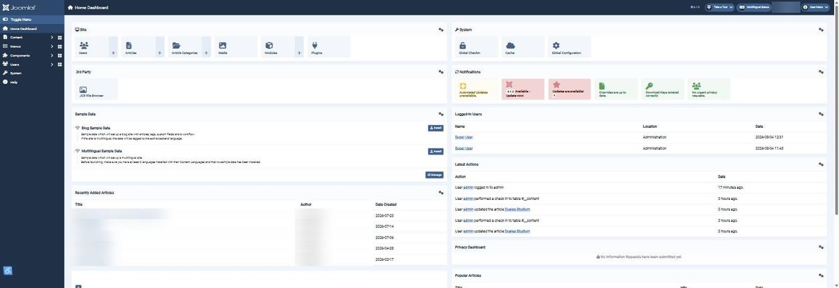 Joomla back office of an industrial group, client name blurred