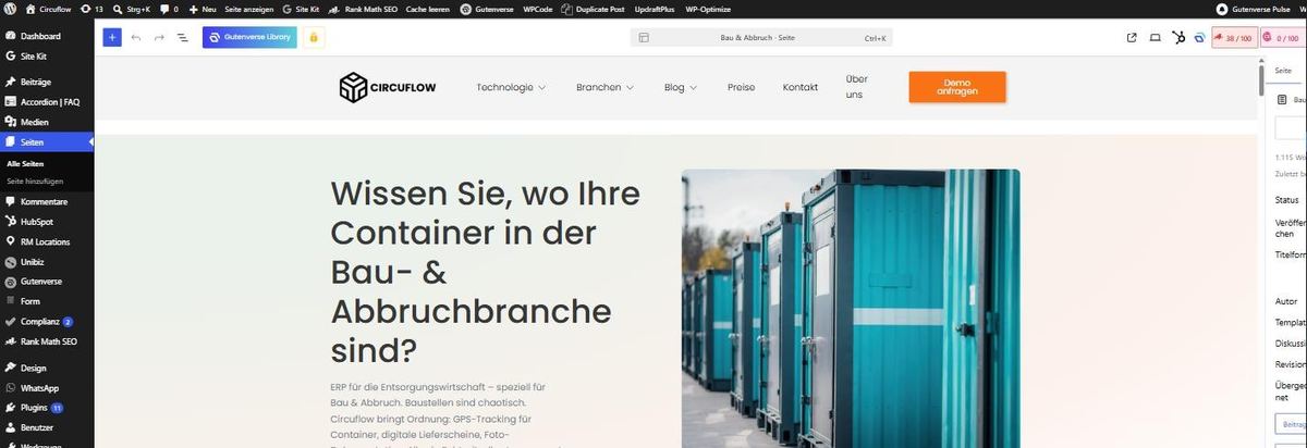 WordPress block editor with a live landing page