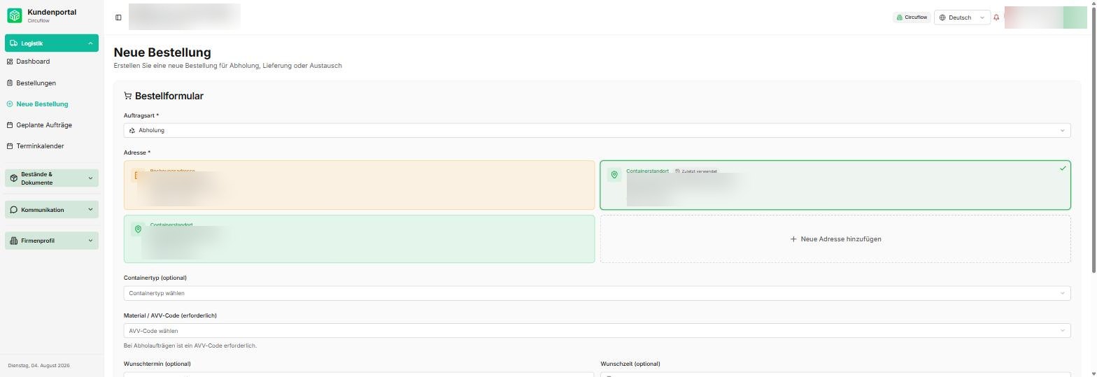 Customer app: placing a new order with address and material