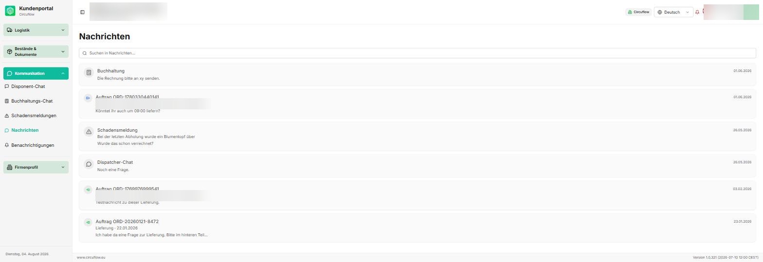 Customer app: messages about orders, damage reports and accounting